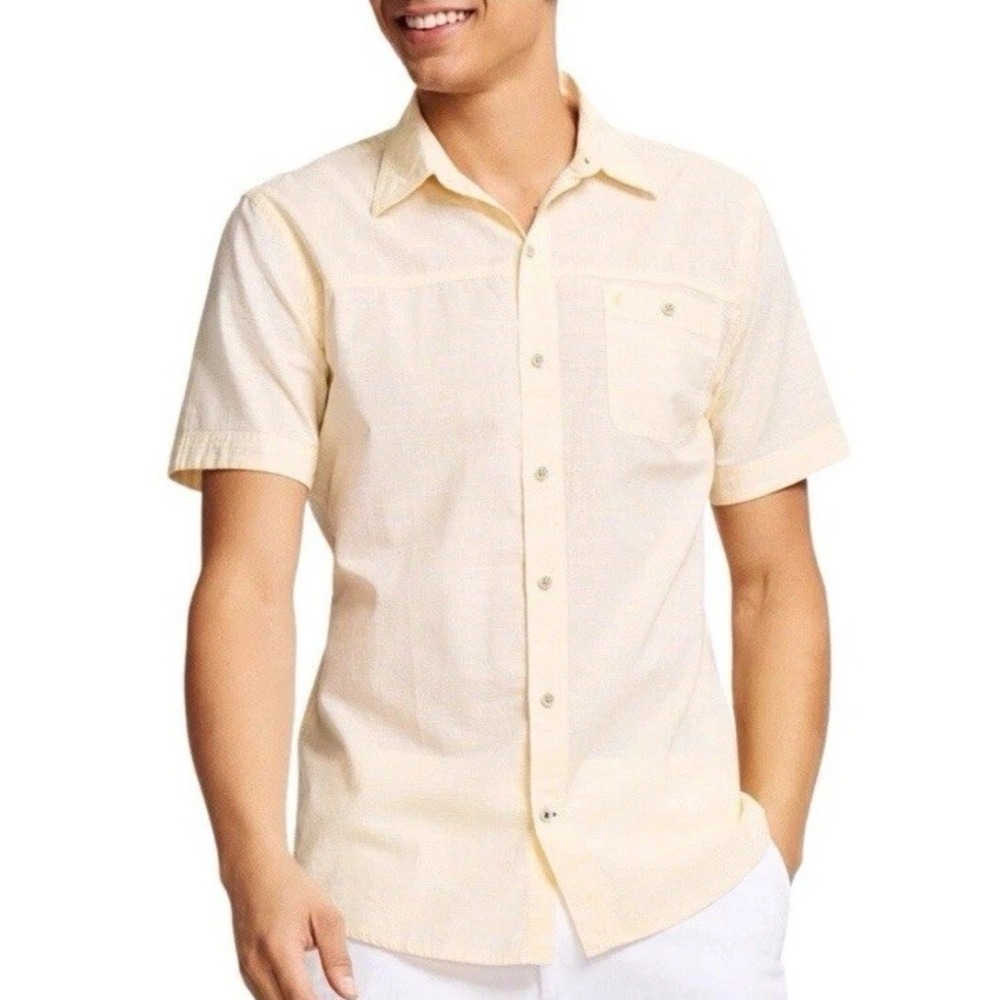 Izod Men's Saltwater Dockside‎ Woven Short Sleeve Button Down Shirt Small Yellow